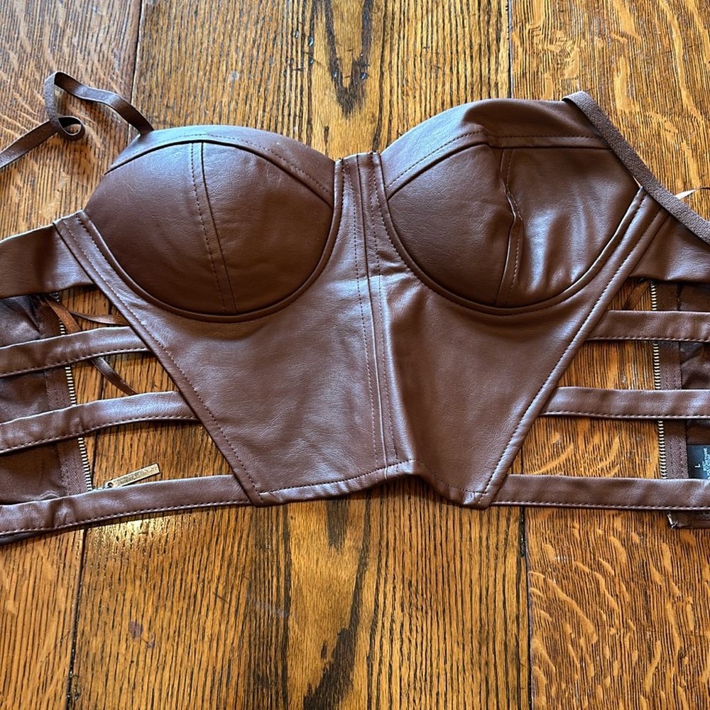 Say What Bustier Crop Top Corset Bra Brown looks like leather  Size Large Zipper